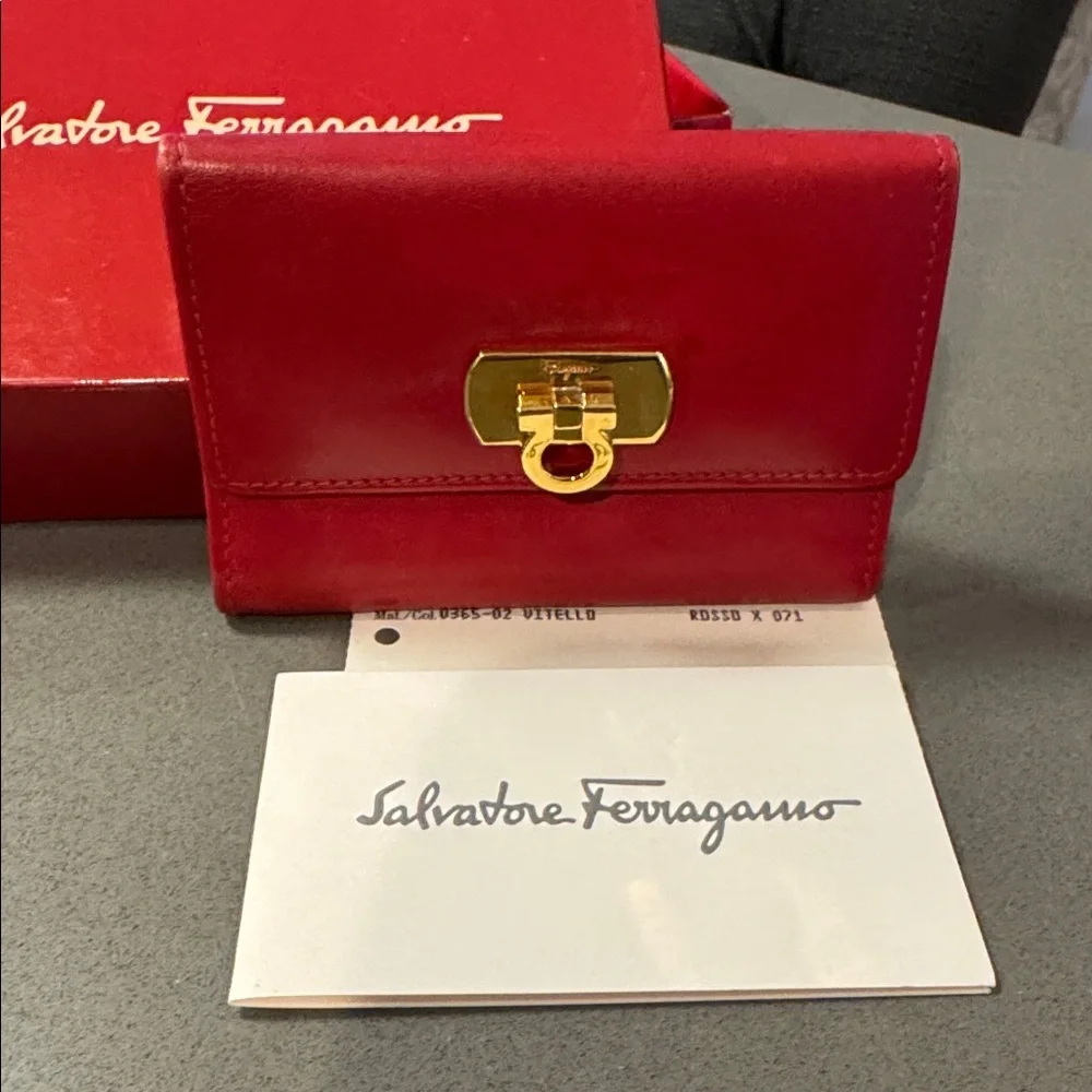 Salvatore Ferragamo Authentic Pre Owned Red Leather Card Holder Gold Hardware.